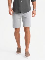 Męskie szorty ze strukturalnej dzianiny SLIM FIT – jasnoszare V4 OM-SRCS-0169 - XXL. Szare szorty męskie Ombre Clothing, z bawełny, bez kołnierzyka. W wyprzedaży za 109.99 zł.