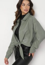 Zielona Kurtka z Ekoskóry w Stylu Koszuli z Wiązaniem na Napy Braleth. Zielone kurtki damskie Born2be, l, bez wzorów, z jeansu, bez kaptura. Za 179.99 zł.