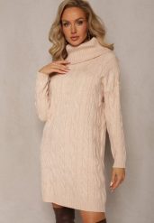 Beżowa Mini Sukienka ze Sweterkowej Dzianiny z Szerokim Golfem i Ściągaczami Jilenma. Brązowe sukienki damskie Renee, na jesień, m, bez wzorów, z dzianiny, bez kołnierzyka, bez ramiączek, mini. W wyprzedaży za 83.99 zł.