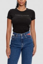 TOMMY JEANS Czarny damski t-shirt. Czarne t-shirty damskie Tommy Jeans, s, bez wzorów, z jeansu, bez kołnierzyka. W wyprzedaży za 104.99 zł.