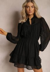 Czarna Sukienka Mini w Skośne Paski o Rozkloszowanym Fasonie z Gumką w Talii Tennari. Czarne sukienki damskie Renee, l, z aplikacjami, z materiału, bez kołnierzyka, bez ramiączek, mini, rozkloszowane. W wyprzedaży za 118.99 zł.