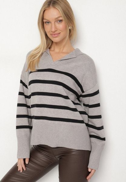 Czarno-Szary Sweter Ozdobiony Paskami i Kołnierzykiem Arsena. Czarne swetry klasyczne damskie Born2be, s, z jeansu, bez kołnierzyka. Za 69.99 zł.