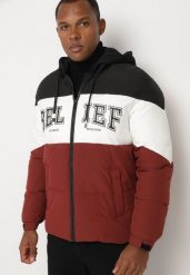 Bordowa Kurtka z Odpinanym Kapturem Ozdobiona Napisem i Sznurkami z Rękawami na Rzep Asintiria. Czerwone kurtki męskie Born2be, l, bez wzorów, sportowe. Za 149.99 zł.