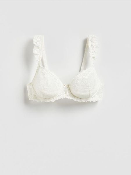 Koronkowy biustonosz z fiszbinami - złamana biel. Biustonosze Reserved, bez wzorów, z koronki. Za 89.99 zł.