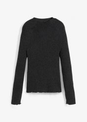 Sweter z miękkiej wełny merino. Szare swetry klasyczne damskie bonprix, na jesień, ze skóry, bez kołnierzyka. Za 219.99 zł.