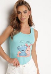 Jasnoniebieski Top z Elastycznej Bawełny z Uroczym Nadrukiem z Przodu Iviolia. Niebieskie topy damskie Born2be, m, bez wzorów, z bawełny, bez kołnierzyka. Za 29.99 zł.
