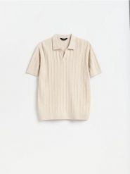 Strukturalny sweter polo - beżowy. Brązowe swetry męskie Reserved, l, bez wzorów, z bawełny, bez kołnierzyka. Za 129.99 zł.