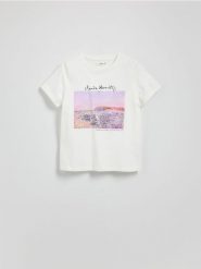 T-shirt z nadrukiem - biały. Białe t-shirty damskie Reserved, l, bez wzorów, z bawełny, bez kołnierzyka. Za 39.99 zł.