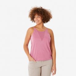 Koszulka turystyczna na ramiączka damska Quechua NH500. Czerwone bluzki damskie QUECHUA, m, bez wzorów, z bawełny, sportowe, bez kołnierzyka, bez ramiączek. W wyprzedaży za 29.99 zł.