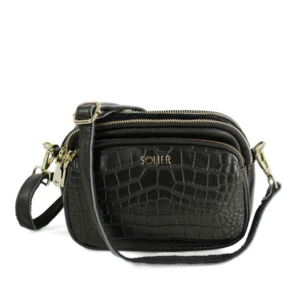 Skórzana torebka damska crossbody Solier FL59 AMORIA czarna. Czarne torebki klasyczne damskie bez wzorów, ze skóry, z tłoczeniem, bez dodatków. Za 186.99 zł.
