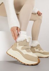 Beżowe Sneakersy Śniegowce Vices z Futerkiem na Platformie Zapinane na Rzep Nelosena. Brązowe śniegowce damskie Renee, z futra. Za 119.99 zł.