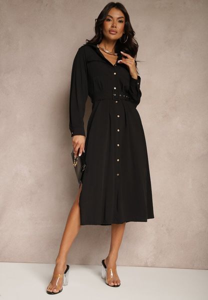 Czarna Sukienka Koszulowa o Rozkloszowanym Kroju z Paskiem i Kieszeniami z Klapami Rinnisa. Czarne sukienki damskie Renee, na imprezę, m, bez wzorów, eleganckie, bez kołnierzyka, bez ramiączek, midi, koszulowe. Za 99.99 zł.