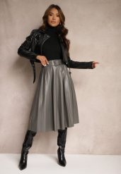 Szara Plisowana Spódnica w Stylu Preppy o Rozkloszowanym Kroju High Waist z Paskiem Iriviel. Szare spódniczki damskie Renee, s, bez wzorów, eleganckie, z podwyższonym stanem, midi, proste. Za 79.99 zł.