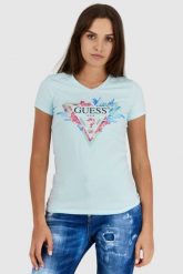 GUESS Błękitny t-shirt damski z logo z liśćmi i cyrkoniami, Rozmiar L. Niebieskie t-shirty damskie Guess, l, z aplikacjami, bez kołnierzyka. W wyprzedaży za 114.99 zł.