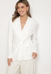 Biała Marynarka z Ozdobnym Wiązaniem Lenirin. Białe marynarki i żakiety damskie Born2be, l, bez wzorów, z jeansu, eleganckie. Za 109.99 zł.