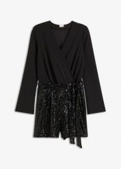 Krótki kombinezon z cekinami. Czarne kombinezony damskie bonprix, bez wzorów, eleganckie, bez kołnierzyka, bez ramiączek, krótkie. Za 199.99 zł.