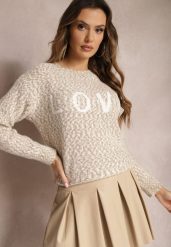 Beżowy Sweter z Ozdobnym Napisem Wykończony Ściągaczami Minisoji. Brązowe swetry klasyczne damskie Renee, l, z elastanu, bez kołnierzyka. Za 99.99 zł.