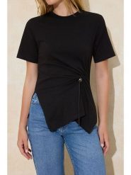 Trendyol Bluzka w kolorze czarnym rozmiar: XS. Czarne bluzki damskie Trendyol, xs, bez wzorów, z bawełny, z asymetrycznym kołnierzem, bez ramiączek. Za 86.99 zł.
