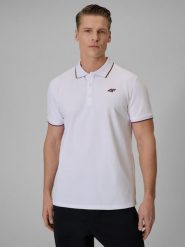 4F Koszulka polo regular męska - biała M. Białe koszulki polo męskie 4f, m, bez wzorów, z dzianiny, bez ramiączek. Za 119.99 zł.