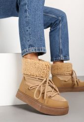 Brązowe Śniegowce Futerkowe na Platformie ze Sznurowaną Cholewką Izalithia. Brązowe śniegowce damskie Renee, z futra. Za 89.99 zł.