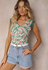 Zielony Top Ozdobiony Koronką Przy Ramionach z Wiskozy Lrivia. Zielone topy damskie Renee, m, bez wzorów, z koronki, bez kołnierzyka. Za 39.99 zł.