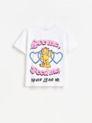 Bawełniany t-shirt Garfield - złamana biel. Koszulki dziewczęce Reserved, bez wzorów, z bawełny, bez ramiączek. Za 45.99 zł.