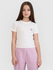4F T-shirt regular z nadrukiem dziewczęcy - kremowy 140 (9-10 lat). Białe koszulki dziewczęce 4f, bez wzorów, z bawełny, bez ramiączek. Za 39.99 zł.