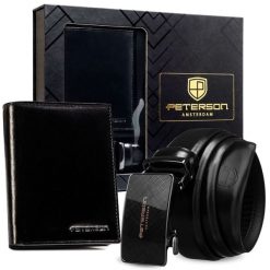 Zestaw prezentowy: skórzany portfel męski w czarnym kolorze i pasek ze skóry naturalnej - Peterson. Czarne paski męskie bez wzorów, ze skóry. Za 119.99 zł.