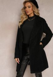 Czarny Puchaty Płaszcz z Kieszeniami i Paskiem Walles. Czarne płaszcze damskie Renee, na jesień, l, bez wzorów, z dzianiny. Za 139.99 zł.