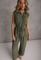 Ciemnozielony Komplet z Wiskozy Spodnie Wide Leg i Koszula Bez Rękawów z Paskiem Adduin. Zielone spodnie materiałowe damskie Renee, bez wzorów, z tkaniny. Za 149.99 zł.