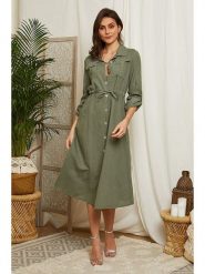 Lin Passion Lniana sukienka w kolorze khaki rozmiar: 36/38. Brązowe sukienki damskie Lin Passion, bez wzorów, ze lnu, klasyczne, bez kołnierzyka, bez ramiączek, midi, rozkloszowane. Za 206.91 zł.
