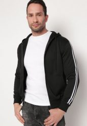 Czarna Bluza z Kapturem i Kieszeniami Ozdobiona Lampasami na Ramionach Alobokira. Czarne bluzy z kapturem męskie Born2be, m, z jeansu. Za 39.99 zł.