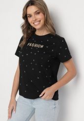 Czarny T-shirt z Bawełny z Cyrkoniami i Napisem Nalanielle. Czarne t-shirty damskie Born2be, m, bez wzorów, z bawełny, bez kołnierzyka. Za 34.99 zł.