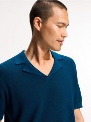 Strukturalny sweter polo - niebieski. Niebieskie swetry męskie Reserved, l, bez wzorów, z bawełny, bez kołnierzyka. Za 129.99 zł.