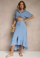 Niebieska Spódnica z Przedłużonym Tyłem Zdobiona Falbanami i Guzikami Maleira. Niebieskie spódniczki damskie Renee, l, z aplikacjami, boho, midi, asymetryczne. Za 44.99 zł.