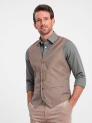 Kamizelka męska garniturowa bez klap - beżowa V2 OM-BLZV-0112 - XXL. Brązowe kamizelki męskie Ombre Clothing, l, z poliesteru. Za 143.99 zł.