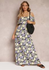 Fioletowo-Żółta Sukienka Maxi Bawełniana w Kwiaty z Falbanką Saranna. Fioletowe sukienki damskie Renee, na imprezę, l, bez wzorów, z bawełny, bez kołnierzyka, bez ramiączek, maxi, rozkloszowane. W wyprzedaży za 62.99 zł.