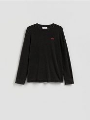 Sweter z nadrukiem - czarny. Czarne swetry męskie Reserved, l, bez wzorów, z bawełny, bez kołnierzyka. Za 119.99 zł.