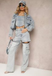 Jasnoniebieskie 2w1 Bawełniane Szorty Jeansy High Waist z Szerokimi Odpinanymi Nogawkami Sadiara. Niebieskie jeansy damskie Renee, z podwyższonym stanem. Za 79.99 zł.