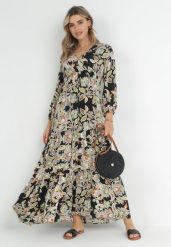 Czarno-Beżowa Rozkloszowana Sukienka Oversize w Kwiaty Kylia. Czarne sukienki damskie Born2be, l, bez wzorów, bez kołnierzyka, bez ramiączek, maxi, oversize. W wyprzedaży za 79.99 zł.