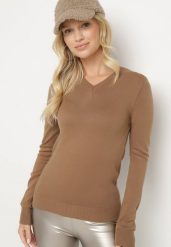 Brązowy Klasyczny Sweter z Dekoltem w Szpic Felitha. Brązowe swetry klasyczne damskie Born2be, m, z jeansu, bez kołnierzyka. Za 74.99 zł.