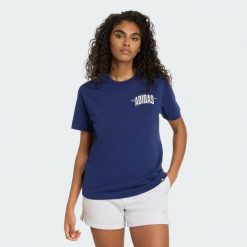 Koszulka Collegiate Graphic. Niebieskie bluzki sportowe damskie Adidas, xs, bez wzorów, z bawełny, bez ramiączek. Za 109.00 zł.