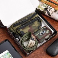 Zestaw męski portfel pasek saszetka moro Beltimore U97. Paski męskie bez wzorów. Za 89.90 zł.