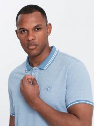 Melanżowa koszulka męska polo z kołnierzykiem w paski – niebieska V3 - Rozmiar: S. Niebieskie koszulki polo męskie Ombre Clothing, m, z aplikacjami, z bawełny, bez ramiączek. W wyprzedaży za 39.99 zł.