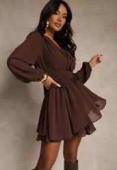 Brązowa Siateczkowa Sukienka o Rozkloszowanym Kroju z Dekoltem w Serek Zennela. Brązowe sukienki damskie Renee, na co dzień, l, bez wzorów, z jeansu, eleganckie, bez kołnierzyka, bez ramiączek, kopertowe. Za 159.99 zł.