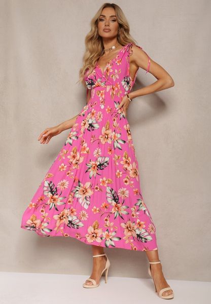 Różowa Kwiecista Sukienka z Gumką w Talii i Trójkątnym Dekoltem ze Ściągaczami Taseria. Czerwone sukienki damskie Renee, na imprezę, na lato, l, bez wzorów, bez kołnierzyka, bez ramiączek, maxi, rozkloszowane. Za 69.99 zł.