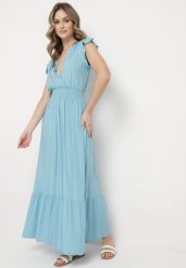 Jasnoniebieska Bawełniana Sukienka Maxi z Kopertową Górą Rozkloszowana Xaliara. Niebieskie sukienki damskie Born2be, na lato, l, bez wzorów, z bawełny, bez kołnierzyka, bez ramiączek, maxi, kopertowe. W wyprzedaży za 55.99 zł.