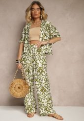 Ciemnozielony Wiskozowy Komplet w Ornamentalny Print Koszula i Szerokie Spodnie Sarilsa. Zielone koszule damskie Renee, bez wzorów, z materiału, eleganckie. Za 74.99 zł.