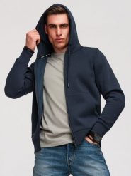 Rozpinana męska bluza dresowa BASIC – granatowa V1 - Rozmiar: XXL. Niebieskie bluzy z kapturem męskie Ombre Clothing, m, z bawełny. W wyprzedaży za 179.19 zł.