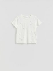 T‑shirt z koronkową aplikacją - złamana biel. T-shirty damskie Reserved, l, z aplikacjami, z bawełny, bez kołnierzyka. Za 79.99 zł.
